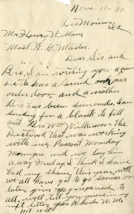 Correspondence Between John Rhodes And Grand Master H. E. Williams