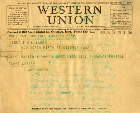 Telegram From S. Joe Brown To Grand Master Henry E. Williams
