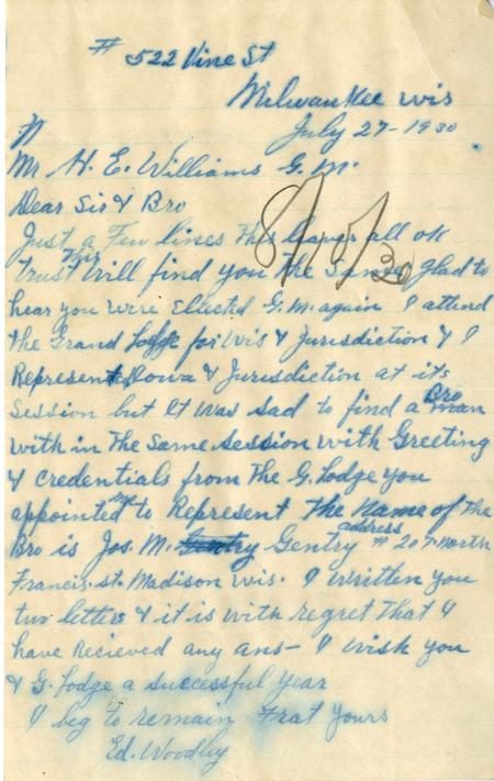 Correspondence Between Ed Woodley And Grand Master Henry E. Williams