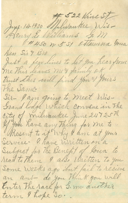 Correspondence Between Ed Woodley And Grand Master Henry E. Williams, Page 1