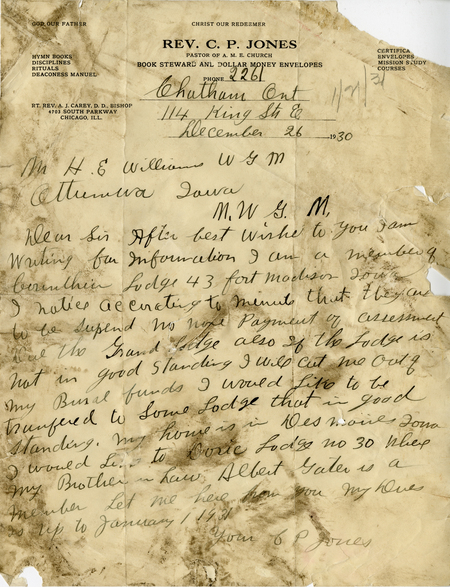 Correspondence Between Reverend C. P. Jones And Grand Master Henry E. Williams