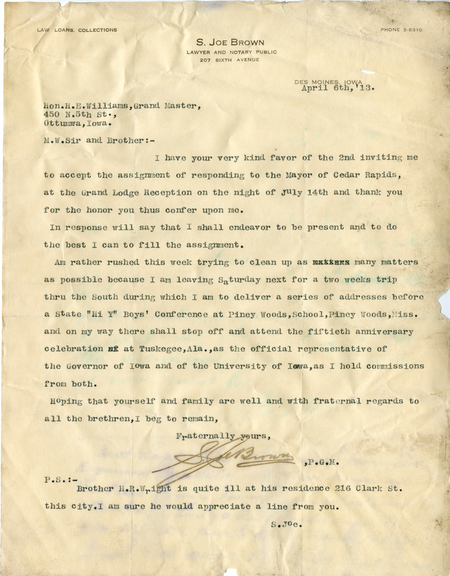 Correspondence Between S. Joe Brown And Grand Master Henry E. Williams