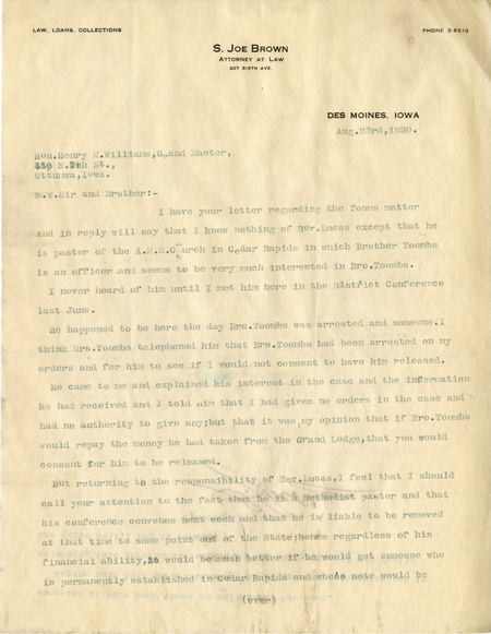 Correspondence Between S. Joe Brown And Grand Master Henry E. Williams