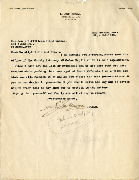Correspondence Between S. Joe Brown And Grand Master Henry E. Williams