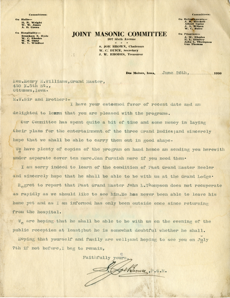Correspondence Between S. Joe Brown And Grand Master Henry E. Williams
