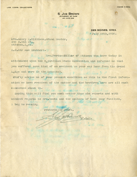 Correspondence Between S. Joe Brown And Grand Master Henry E. Williams