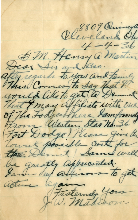 Correspondence Between J. W. Madison And Grand Master H. A. Martin