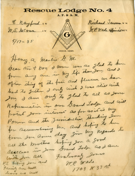 Correspondence Between W. P. Wade And Grand Master H. A. Martin