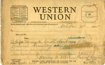 Western Union Message From Grand Master H. A. Martin