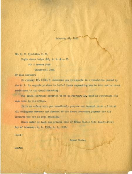 Correspondence Between R. M. Franklin And Grand Master Henry A. Martin