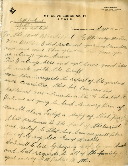 Correspondence Between G. W. Perkins And Grand Master Henry A. Martin