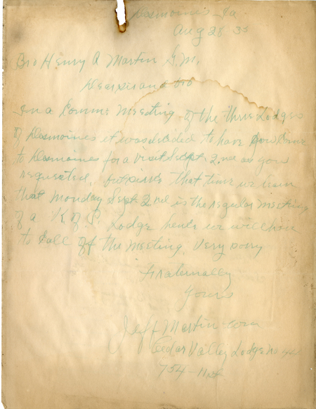 Correspondence Between Grand Master Henry A. Martin And Jeff Martin