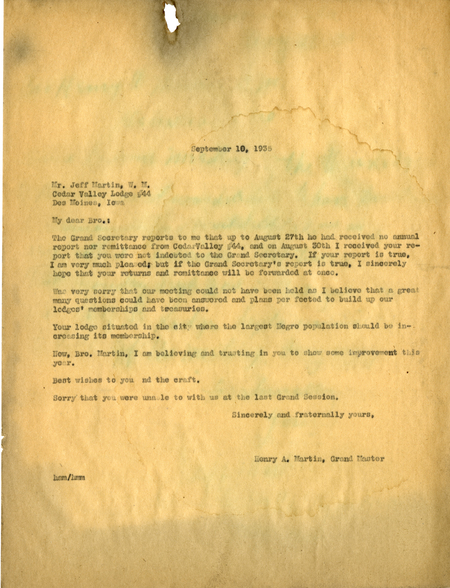 Correspondence Between Grand Master Henry A. Martin And Jeff Martin