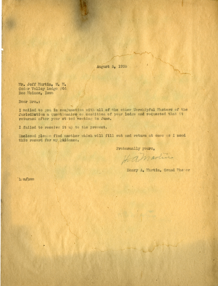 Correspondence Between Grand Master Henry A. Martin And Jeff Martin