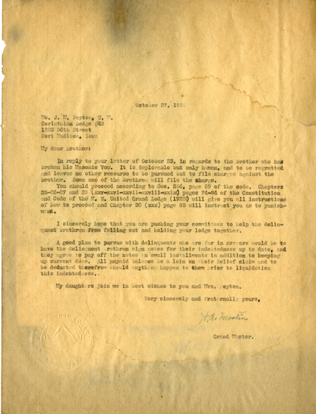 Correspondence Between Grand Master Henry A. Martin And J. N. Peyton
