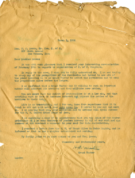 Correspondence Between Grand Master Henry A. Martin And S. Joe Brown