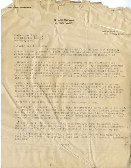 Correspondence Between Grand Master Henry A. Martin And S. Joe Brown