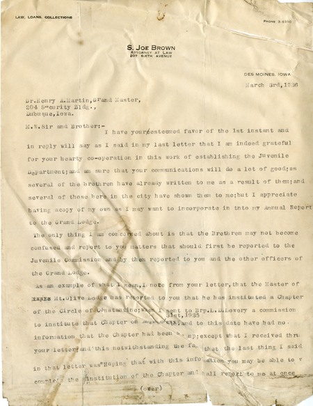 Correspondence Between Grand Master Henry A. Martin And S. Joe Brown
