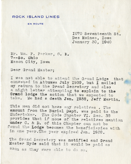 Correspondence Between Grand Master Percy Parker And W. C. Buice