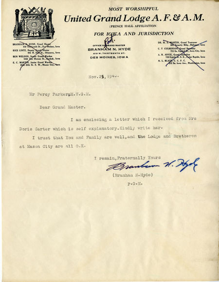 Correspondence Between Grand Master Percy Parker And Past Grand Master Branham N. Hyde