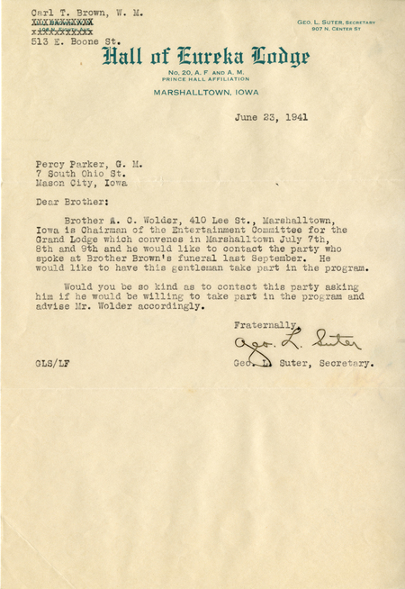 Correspondence Between Grand Master Percy Parker And George L. Suter