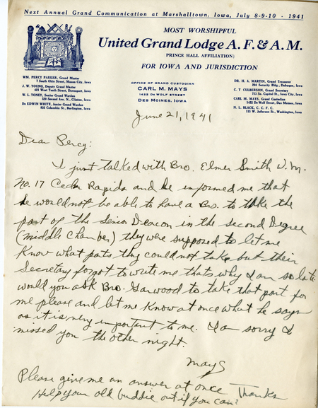 Correspondence Between Grand Master Percy Parker And Carl M. Mays