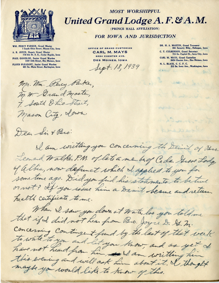 Correspondence Between Wm. Percy Parker And Carl M. Mays, Page 1