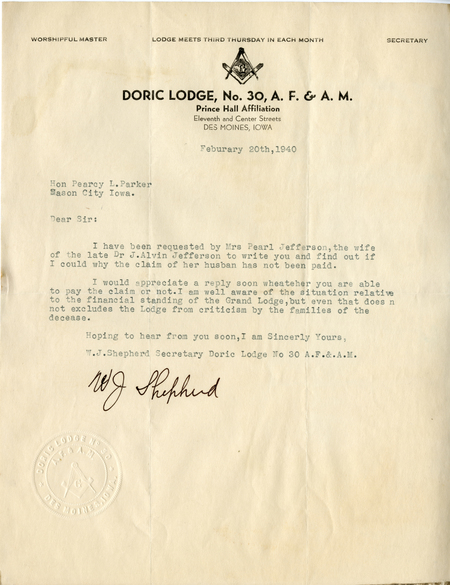 Correspondence Between Wm. Percy Parker And W. J. Shepherd