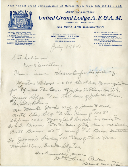 Correspondence Between C.T. Culberson And Wm. Percy Parker