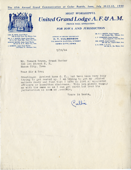 Correspondence Between C.T. Culberson And Grand Master Howard Brown
