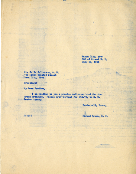 Correspondence Between C.T. Culberson And Grand Master Howard Brown