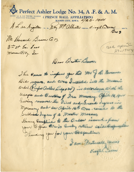 Correspondence Between Virgil Warren And Grand Master Howard Brown