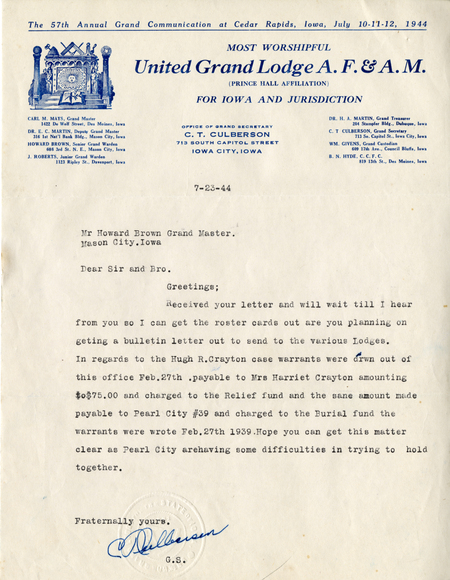 Correspondence Between C.T. Culberson And Grand Master Howard Brown