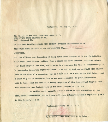 Correspondence Between King Cyrus Grand Chapter Of Va And Jurisdiction And Grand Chapter Of The Jurisdiction Of Iowa