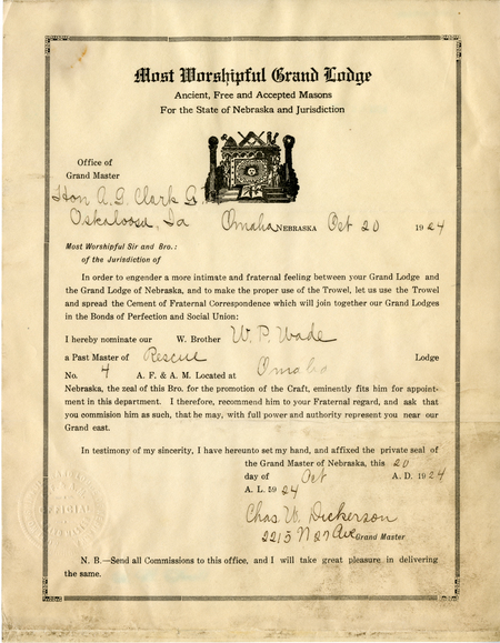 Correspondence Between Chas. W. Dickerson And Grand Master A. G. Clark