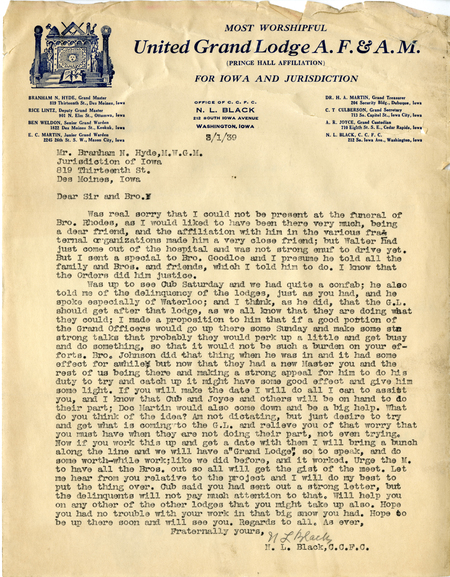 Correspondence Between Grand Master Branham N. Hyde And N. L. Black