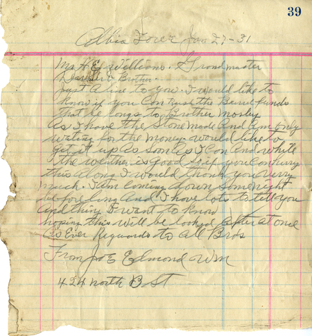 Correspondence Between Joe Edmond To Grand Master H. E. Williams