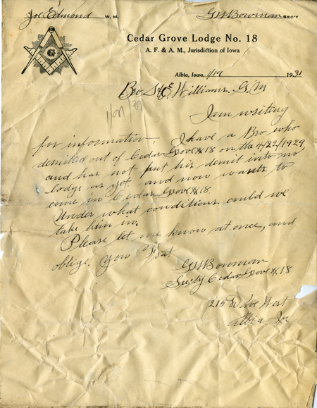 Correspondence Between G. W. Bowman And Grand Master H. E. Williams