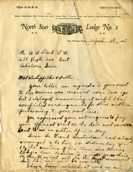Correspondence Between A. G. Clark And North Star Lodge #2