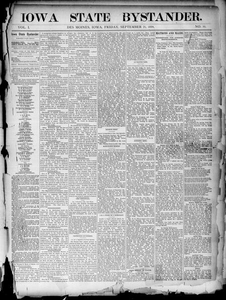 Iowa state bystander. volume 01, number 16, September 21, 1894