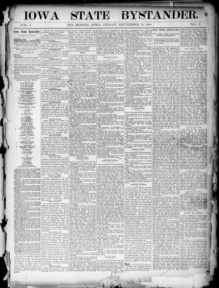 Iowa state bystander. volume 01, number 17, September 28, 1894