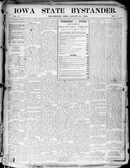 Iowa state bystander. volume 3, number 11, August 28, 1896