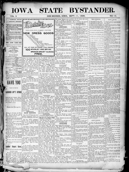 Iowa state bystander. volume 3, number 13, September 11, 1896