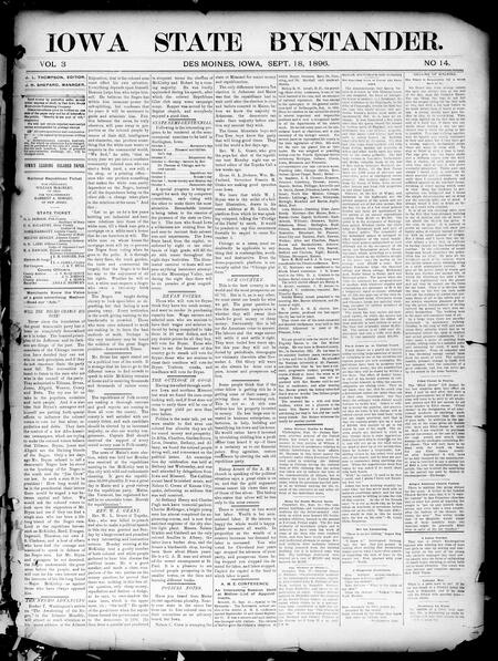 Iowa state bystander. volume 3, number 14, September 18, 1896
