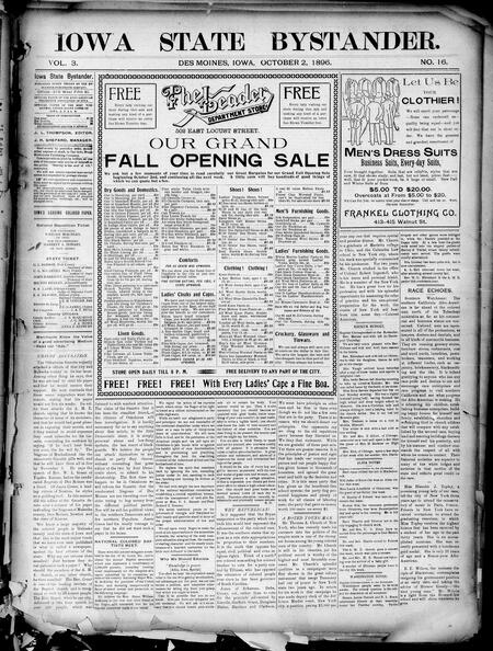 Iowa state bystander. volume 3, number 16, October 2, 1896
