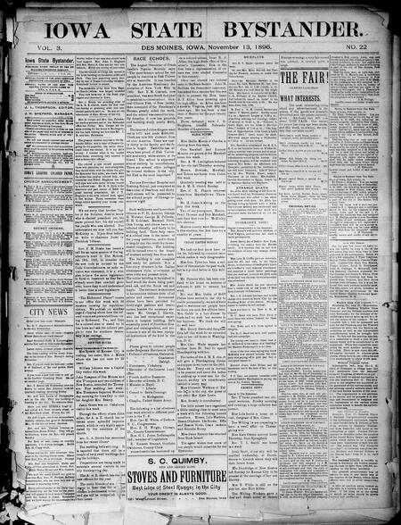 Iowa state bystander. volume 3, number 22, November 13, 1896