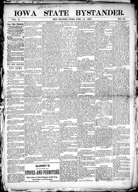 Iowa state bystander. volume 3, number 35, February 12, 1897