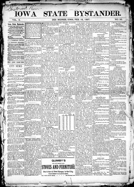 Iowa state bystander. volume 3, number 36, February 19, 1897