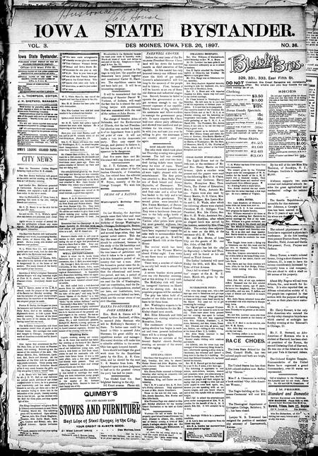 Iowa state bystander. volume 3, number 37, February 26, 1897