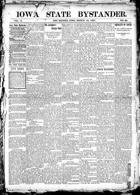 Iowa state bystander. volume 3, number 40, March 19, 1897